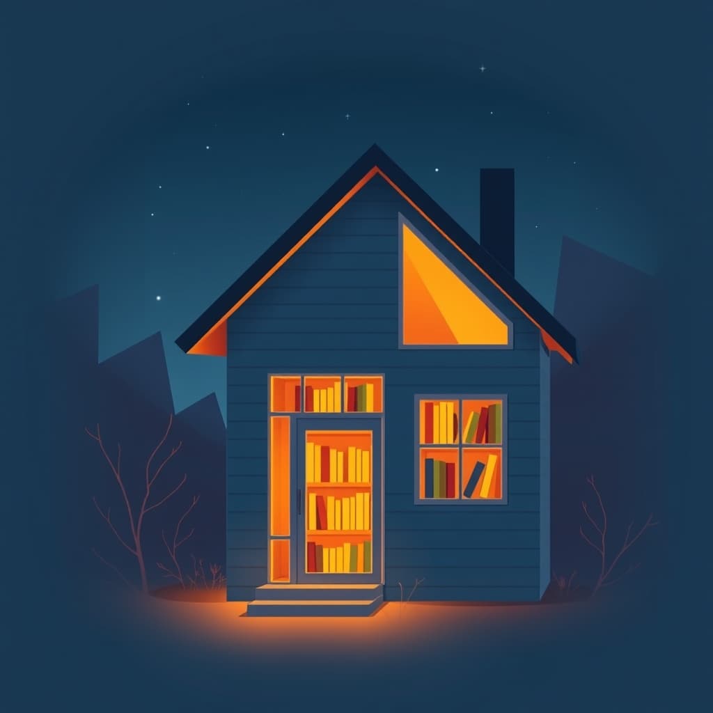 A glowing private home office at night with bookshelves visible through a warm window, representing secure local document storage and private AI processing