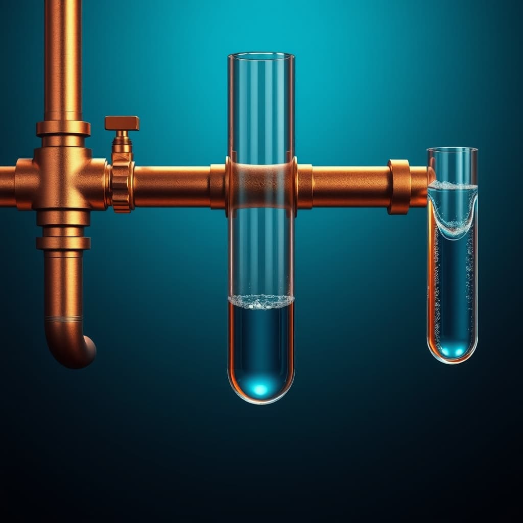 Abstract scene of one copper pipe splitting into three glass tubes, each constricted differently, a visual metaphor for how automation platforms meter the same work