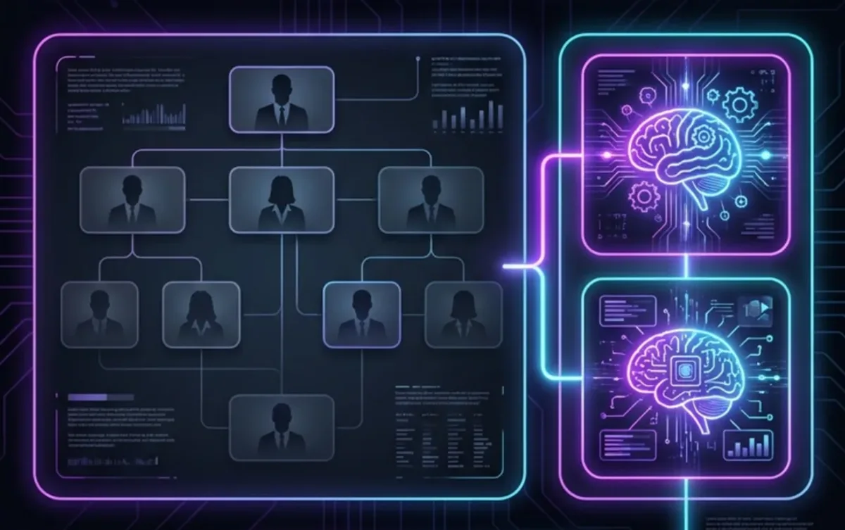 An org chart of team tiles with a column of agents docked beside it, wired into the reporting lines.