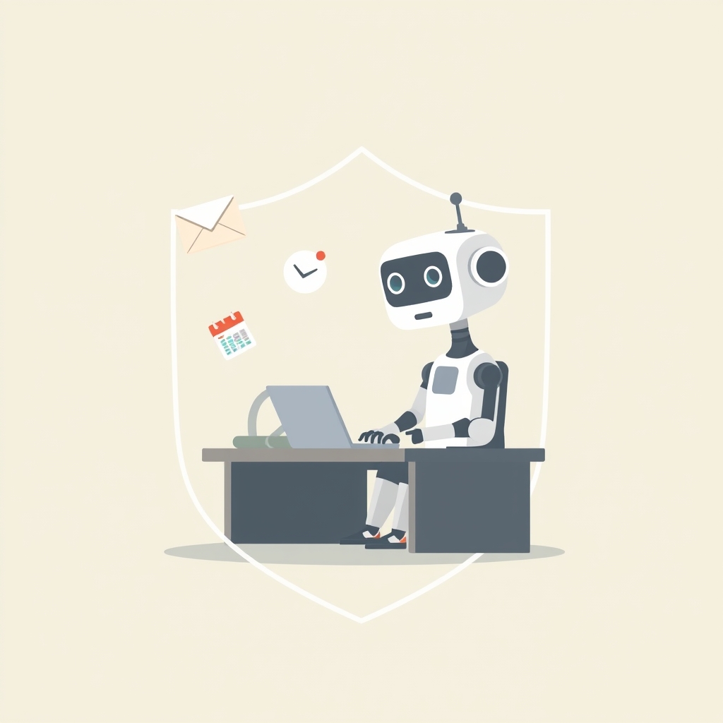 Flat illustration of a private local AI agent handling everyday work tasks offline, with no data leaving the machine.
